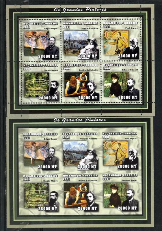 MOZAMBIQUE 2001 FRENCH PAINTINGS 2 SHEETS OF 6 STAMPS PERF.& IMPERF.MNH