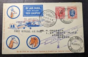 1932 Southern Rhodesia Airmail First Flight Cover FFC Bulawayo to Athens Greece