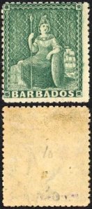 Barbados SG58 (1/2d) Green Wmk Large Star Perf 14.5-15.5 M/M Cat 450 pounds