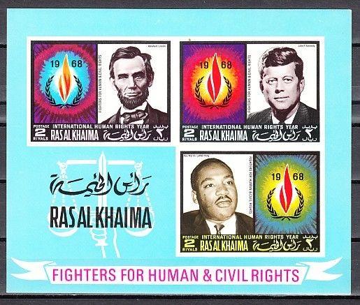 Ras Al Khaima, Mi cat. 228, BL41 B. Human Rights, IMPERF s/sheet. Kennedy.