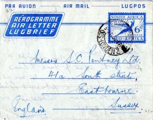 South Africa 6d Winged Gazelle Air Letter 1956 East London - Oos-Londen to Ea...