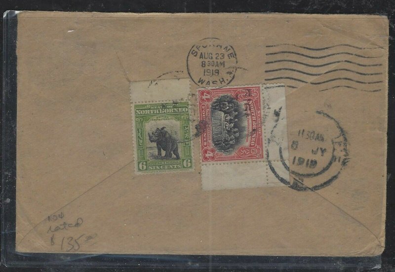 NORTH BORNEO COVER  (PP2712B) 1919 6C RHINOCEROS+4C COVER VIA SINGAPORE TO USA