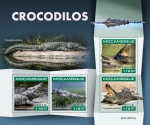 Mozambique - 2019 Nile Crocodiles on Stamps - 4 Stamp Sheet - MOZ190215a