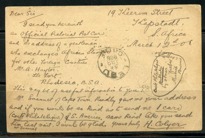 SOUTH AFRICA CAPE TOWN 3/14/1906 PS CARD TO LEBU, CHILE 4/25/1906 AS SHOWN (V)