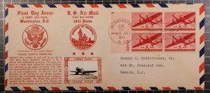Scott C25 - 6 Cents Cargo Plane FDC Plate Block Crosby Double Cachet Seldom Seen