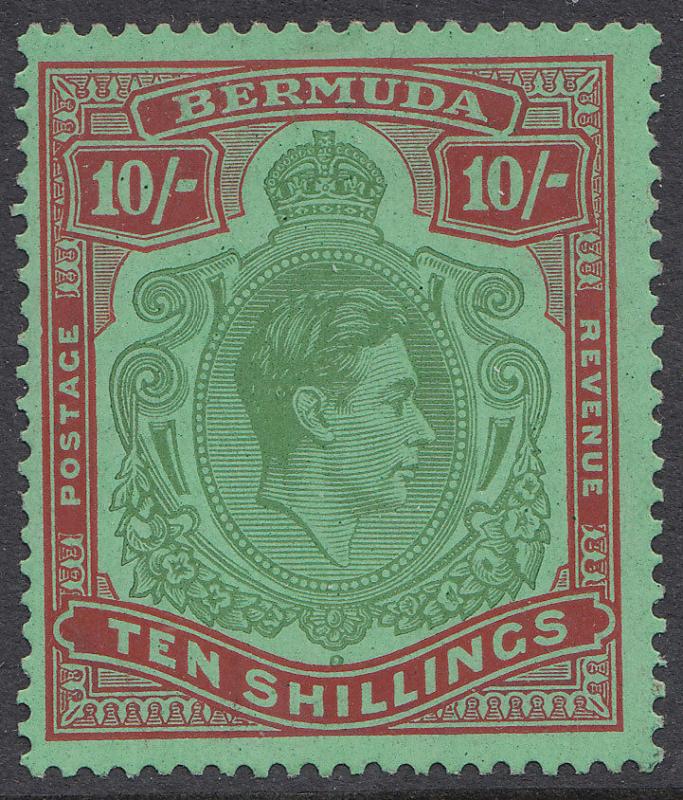 Bermuda KGVI 1938 10/- 10s Green Deep Red SG119a Chalk CV £225