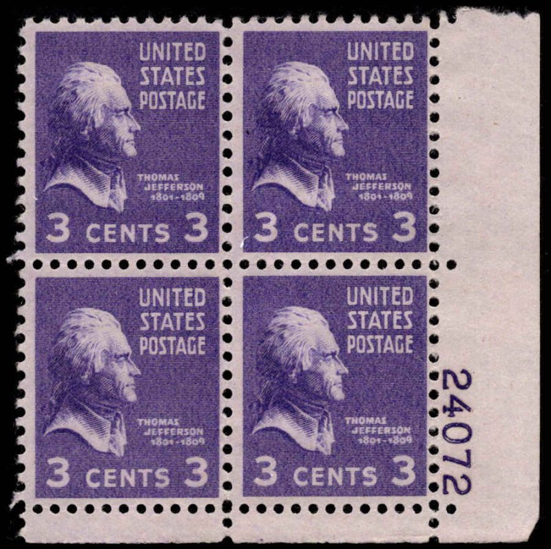 US #807 JEFFERSON MNH LR PLATE BLOCK #24072