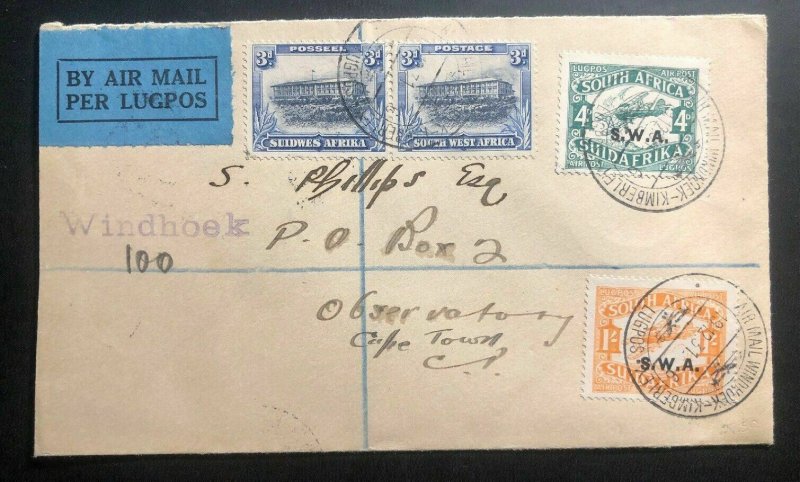 1931 Windhoek South West Africa First Flight Cover FFC To Observatory Cape Town