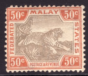 1905 Malaya 50¢ Tiger MLH remnants Sc# 33 CV: $125.00 Wmk 3 sideways