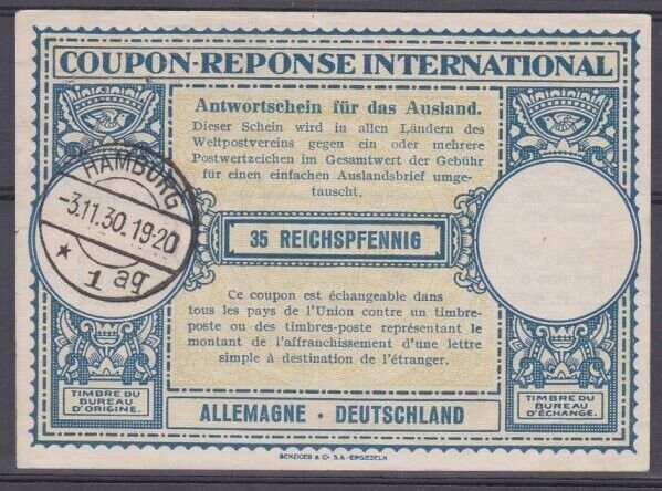 GERMANY 1930 35pf International Reply Coupon - Hamburg cds.................B3037