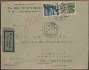 Austria 1934 Vienna Flugpost Airmail Cover Mombasa Kenya British East Afr 110610