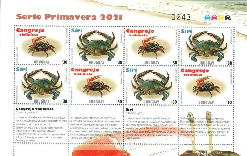 Spring issue Crabs Crayfish crustaceans marine life URUGUAY 2021 MNH stamp sheet 