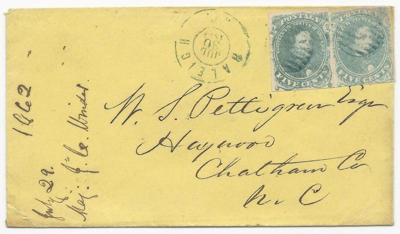 CSA Scott #4 x2 Stone 3 Position 50, 47 Blue Grids Raleigh, NC CDS 30 July 1862