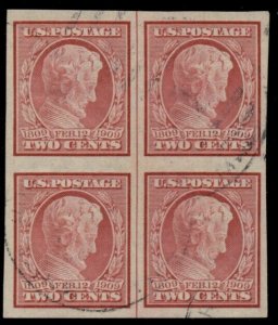 US #368, 2¢ Lincoln, Imperf Block of 4 w/centerline, used and thus scarcer, VF+