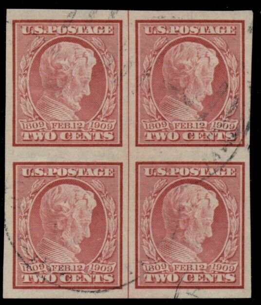 US #368, 2¢ Lincoln, Imperf Block of 4 w/centerline, used and thus scarcer, VF+