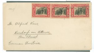 US 651 1929 2c Vincennes/George Rogers Clark commemorative (x3) overpaid by 1c the 5c UPU international surface rate to German-