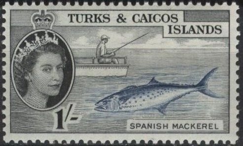 Turks & Caicos 130 (mh) 1sh Spanish mackerel, black & dk blue (1957)