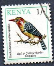 Kenya Scott #597 1sh Red and Yellow Barbet, bird (1993) used