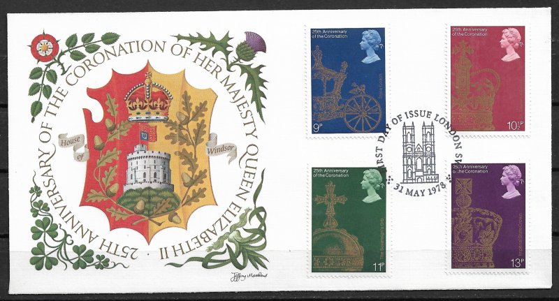 1978 Great Britain 835-8 Coronation of Queen Elizabeth 25th Anniv. FDC