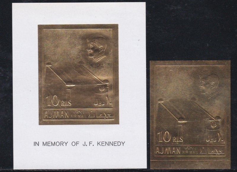Ajman M # 208 & Block # 20, John F. Kennedy Gold Foil, Imperfs, NH