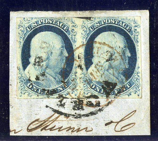 U.S. #9  VF USED  PAIR TIED BY FRENCH POSTMARKSCV $200.00  BIN $140.00