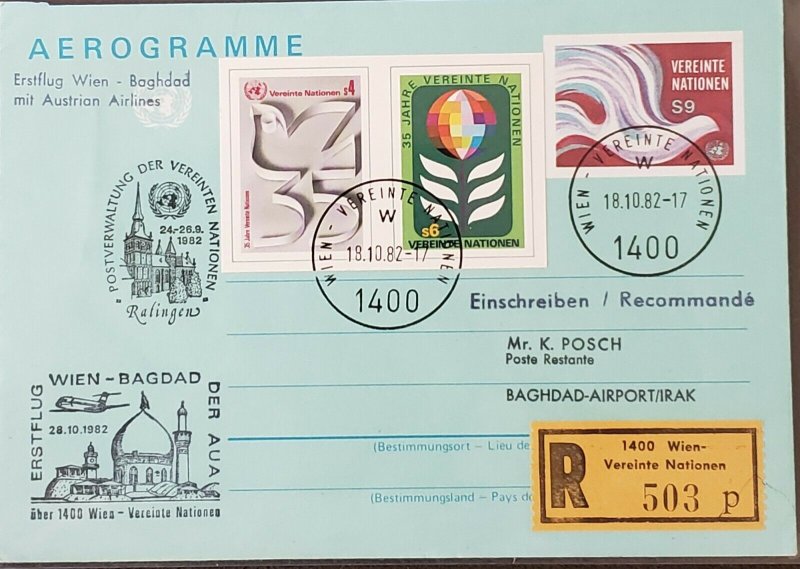 UNITED NATIONS VIENNA 1982 FLIGHT TO BAGHDAD IRAQ AEROGRAMME 