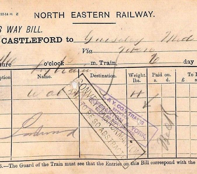 CB260 1893 GB RAILWAY Castleford Station Way Bill *CONVEYED VIA NORMANTON* Yorks