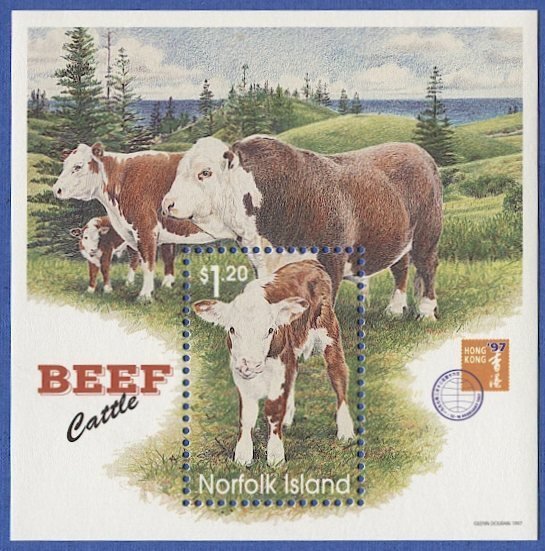 NORFOLK ISLAND 1997 Sc 616a Beef Cattle s/s - Hong Kong Exhib. Mint NH VF, $30