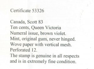 Canada #83 Extra Fine Never Hinged **With Certificate**