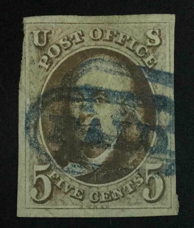 MOMEN: US STAMPS #1a BLUE PAID USED LOT #55277