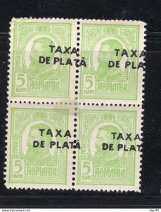 Romania 1918  Postage Due Shifted Overprint with Offset 5b Block of 4 MH  17526