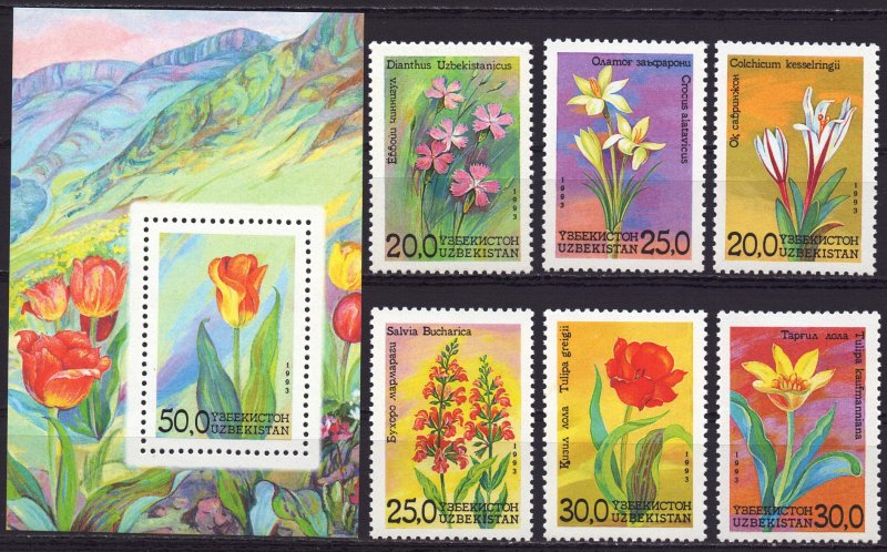 Uzbekistan. 1993. 35-40, bl2. Flowers flora. MNH.
