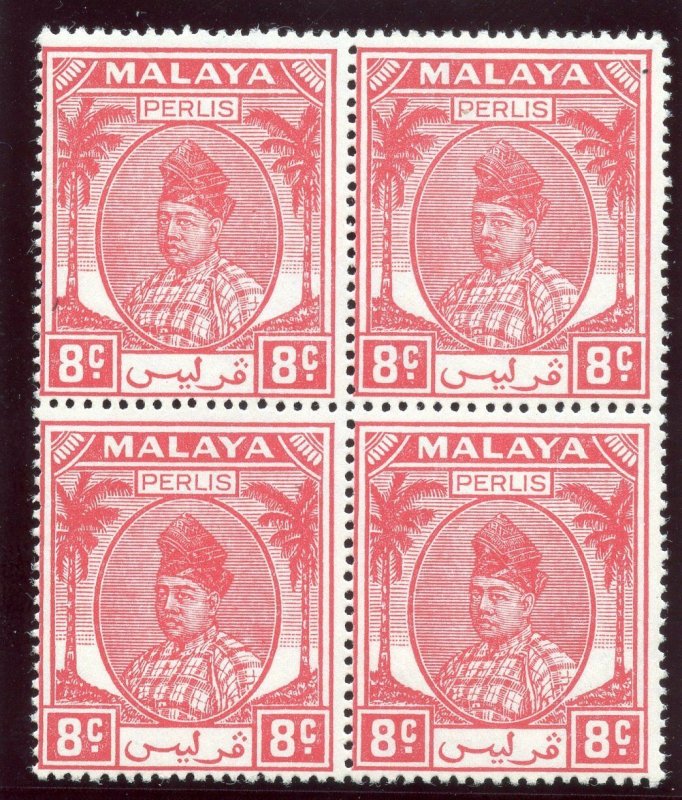 Malaya - Perlis 1951 KGVI 8c scarlet block of four superb MNH. SG 13. Sc 12.