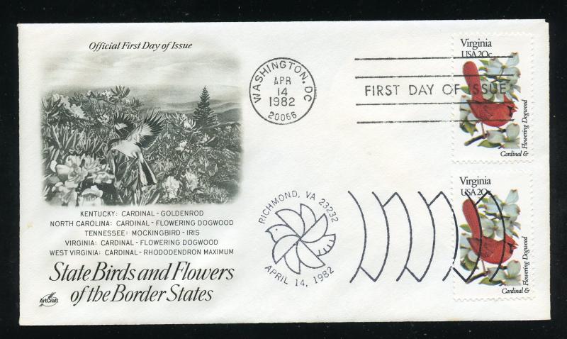 US 1998 State Birds & Flowers - Virginia UA ArtCraft FDC, Dual ST & DC Cancels