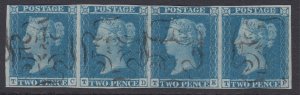 SG 13 2d pale blue plate 3 horizontal strip of 4 lettered TC-TF. Very fine...