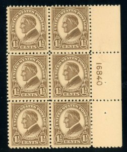 US Stamp #553 Warren G Harding 1-1/2c, Plate Block of 6 - MNH - CV $87.50