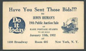 1932 Famous Stamp Dealer Irwin Heiman NY Seeks Bids 