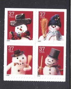 US Scott # 3688 - 3691 / Christmas Snowmen 2002 block of 4 from BK293
