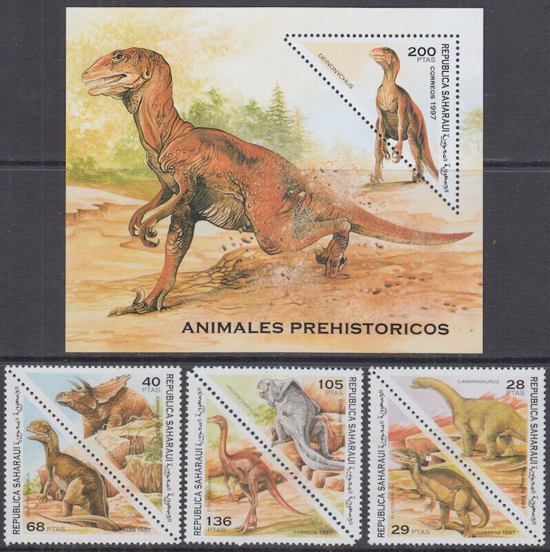 SAHARA REP  # SAH022 CPL MNH SET of 6 DIFF TRIANGLES + S/S - VARIOUS DINOSAURS