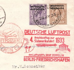 GRAF ZEPPELIN Card *MOROCCO AGENCIES* KGV GB O/p Air 1933 4.SÜDAMERIKFAHRT KZ444