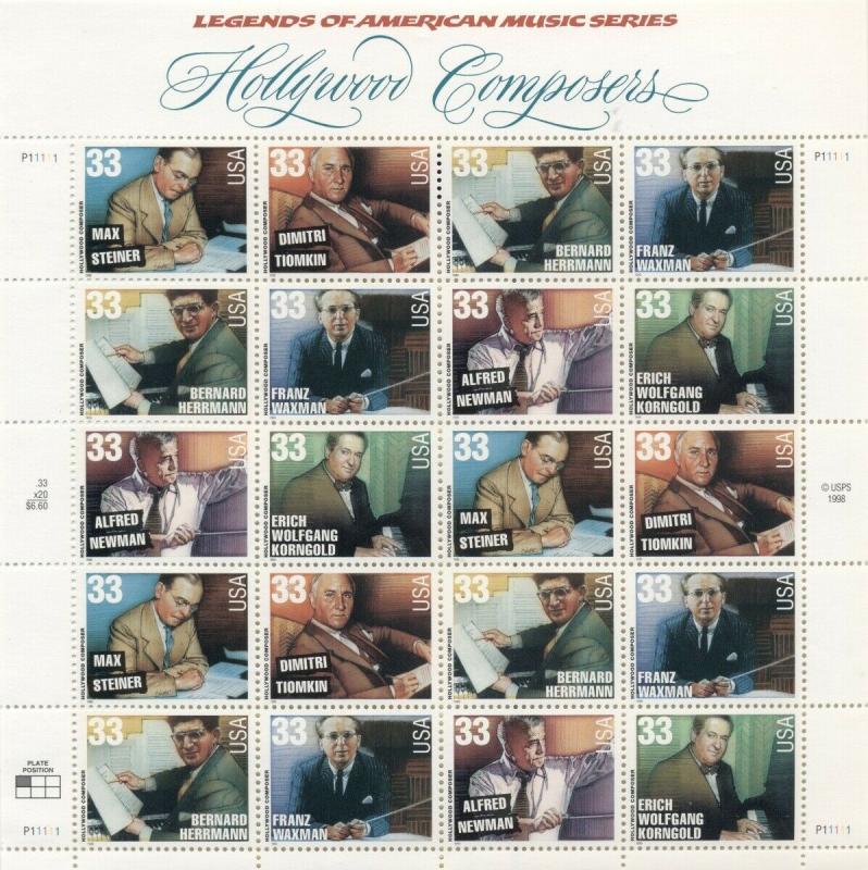 US: 1999 HOLLYWOOD COMPOSERS; Sheet Sc 3339-44; 33 Cents, Steiner Waxman Newman