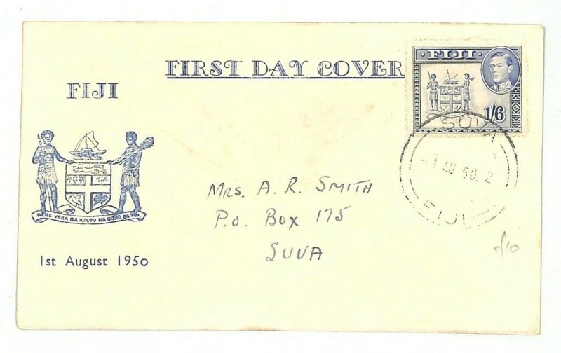 FIJI ILLUSTRATED *ARMS* FDC Internal *Suva* 1s/6d First Day Cover 1950 GJ412