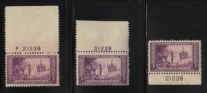 1934 Wisconsin Tercentenary 3c purple Sc 739 MNH matched plate numbers 21239 (B