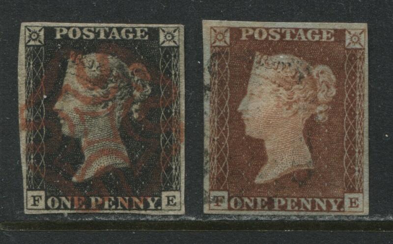 Great Britain 1840 1d Matched Pair FE Plate 2 choice used in both colours  