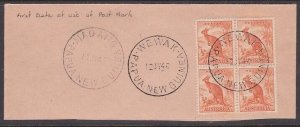 PAPUA NEW GUINEA 1946 piece Australia ½d block WEWAK cds first day of use..A8013