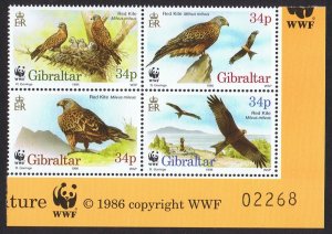 Gibraltar Birds WWF Red Kite 4v block 2*2 WWF Logo and Control number 1996