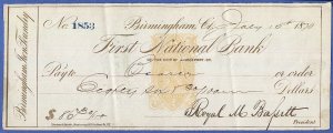 US 1870 Bank Check, Sc RN-B1, First National Bank, Birmingham, CT, Used F-VF