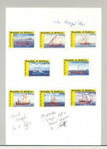 Maldives #1107-1114 Ships 8v Imperf Proofs Mounted on Card with Notes