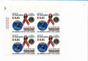 EL SALVADOR LIONS, HEALTH CAMPAIGN AGAINST AIDS, HIV, SIDA BLOCK OF 4 CORNER MNH