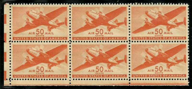 Doyle's_Stamps: Choice Airmail Block of 6 50c Twin-Motored Transport Plane (MO7)